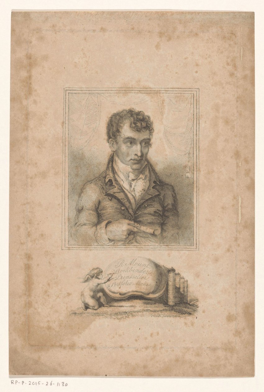 Portret Roberta Mounta, introligatora i sprzedawcy grafiki w Londynie R. Mount, Bookbinder, Printseller & Portfolio Maker (tytuł na obiekcie) autorstwa Anonymous