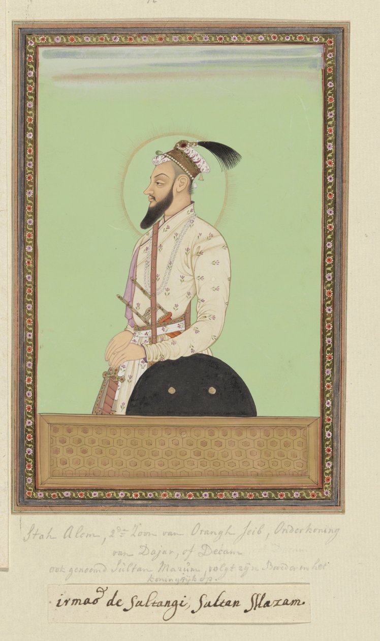 Portret Szacha Alama, syna Aurangzeba, który urodził się po Sultanji; był pierwszym gubernatorem (subagarem) Dekanu; następnie wyruszył na wojnę z Sambaji, synem Sivajiego, teraz zwrócił się przeciwko sułtanowi Abu