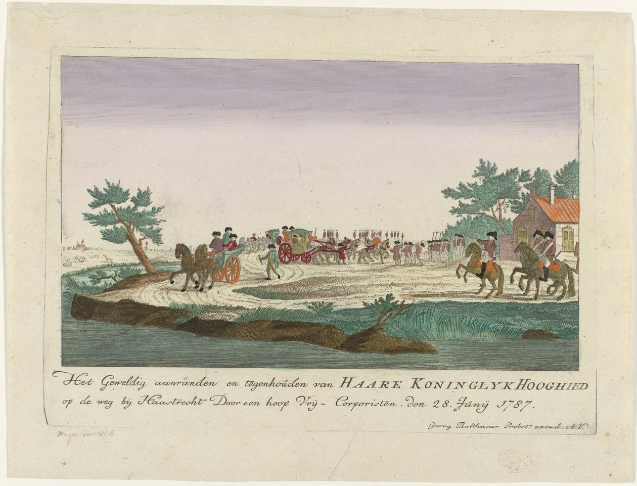 Księżniczka Orańska odbyła się w Goejanverwellesluis, 1787 Wielki atak i zatrzymanie Haare Koninglyk Hooghied na drodze w pobliżu Haastrechtu Przez wielu Vrij-Corporisten. 28. Czerwiec 1787 (tytuł na obiekcie) Kolorowe druki niemieckie o d autorstwa Anonymous