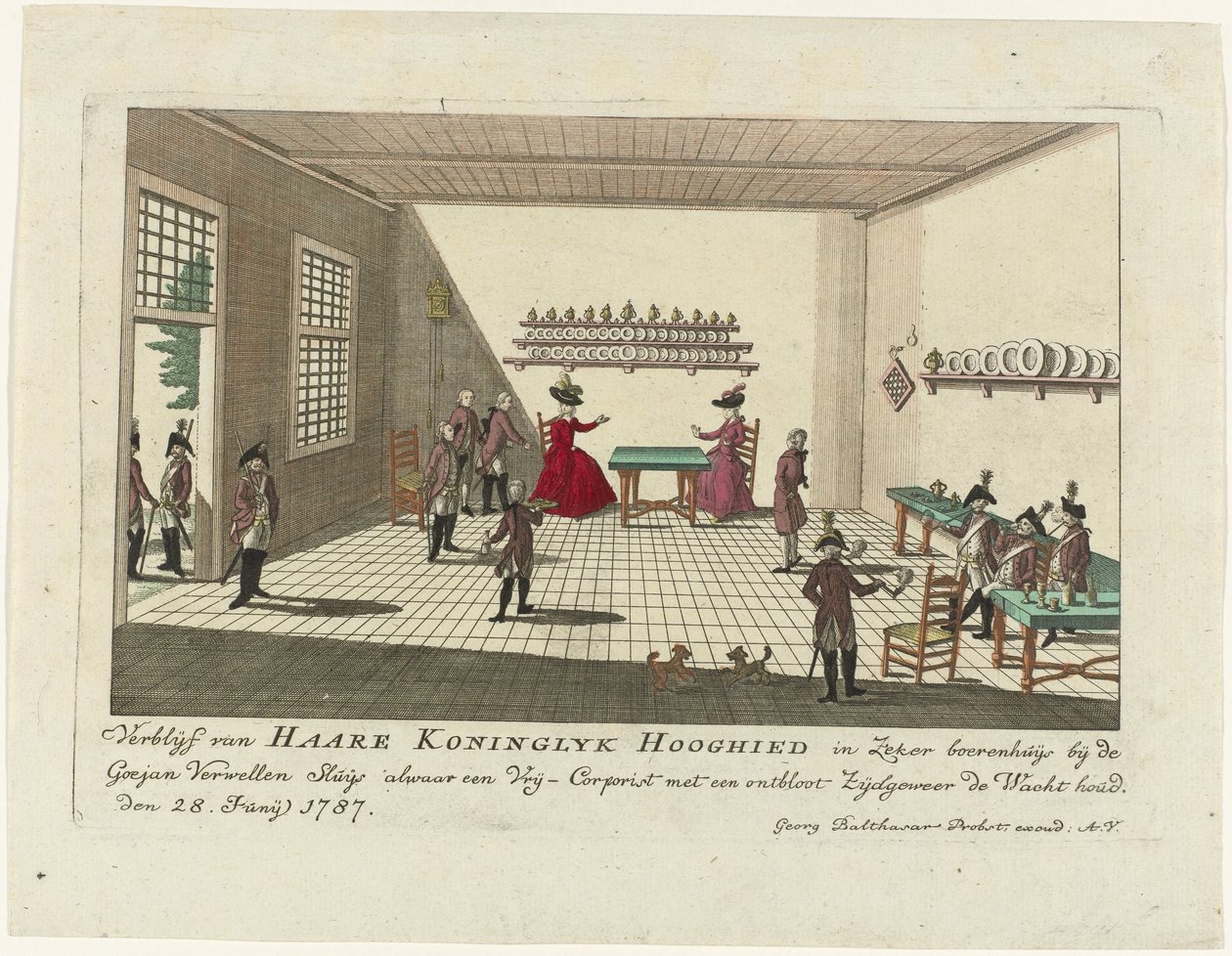 Księżniczka Orange w wartowni w Goejanverwellesluis, 1787 Pobyt Haare Koninglyka Hooghieda w domu pewnego farmera w pobliżu Goejan Verwellen Sluijs, gdzie czuwa Vrij-Corpista z boczną strzelbą. 28 czerwca 1787 (tytuł na obiekcie) autorstwa Anonymous