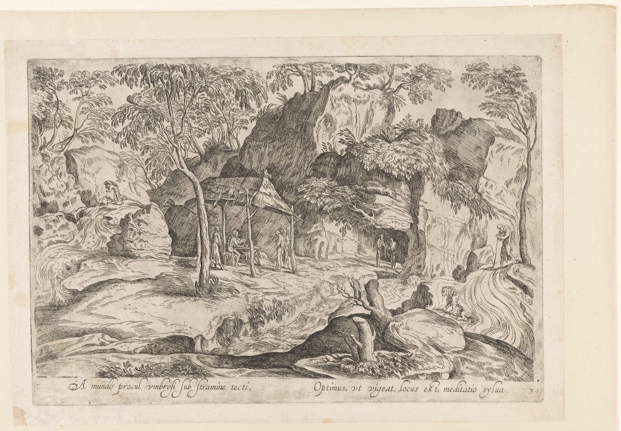 Rotsachtig landschap met dak op palen en rechts leeuw Daleko od świata, osłonięty strzechą, Landschappen naar Domenico Campagnola (tytuł serii) autorstwa Anonymous
