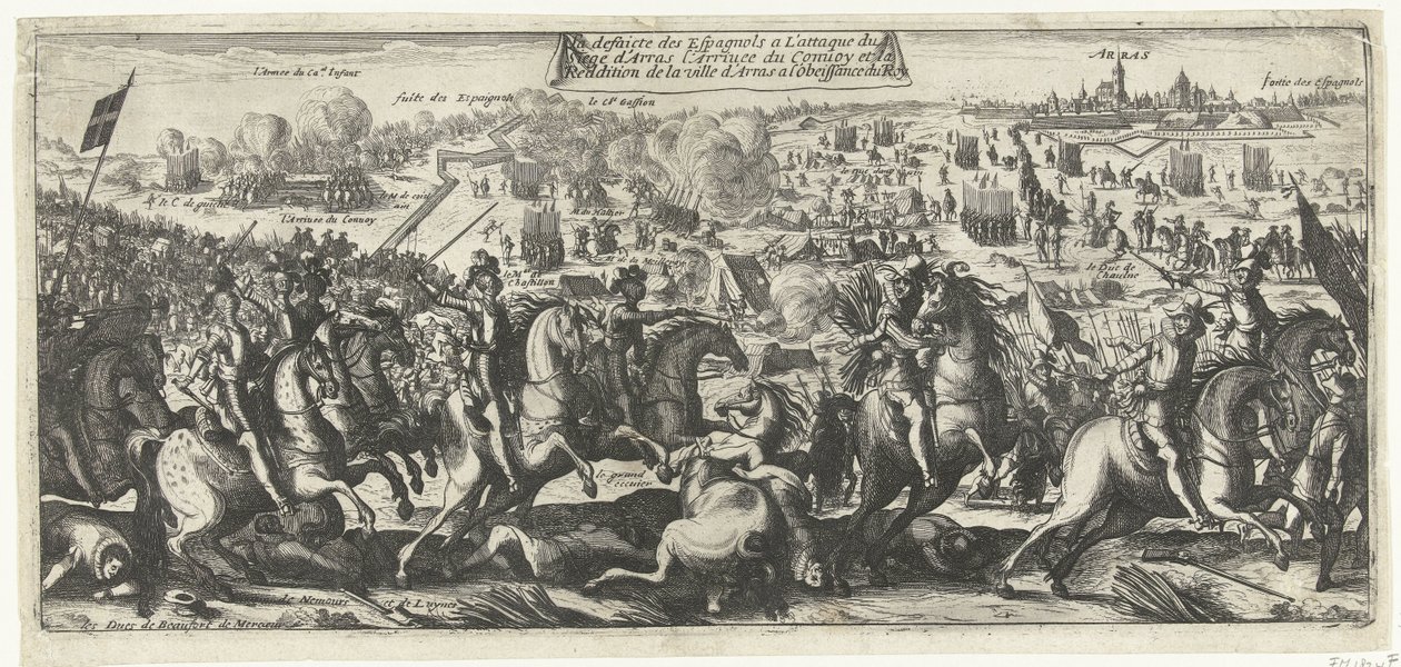 Ruiter Gevecht bij Arras, 1640 Klęska Hiszpanów w ataku na oblężenie Arras Przybycie konwoju i poddanie miasta Arras posłuszeństwu króla (tytuł na obiekcie) autorstwa Anonymous