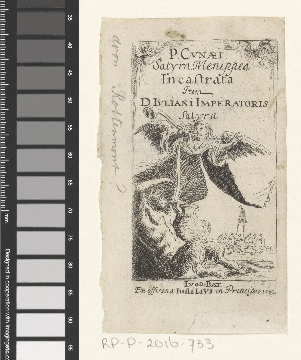 Satyr i anioł dmący w trąbkę Strona tytułowa dla: Petrus Cunaeus, Satyra Menippea Incastrata, 1632 autorstwa Anonymous