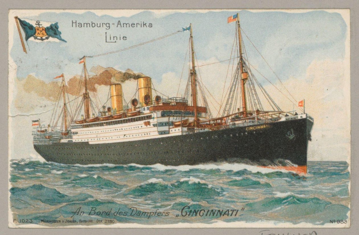 Statek „Cincinnati” linii Hamburg America Line (Hapag) na pełnym morzu Hamburg-America Line An Bord des Dampfers 