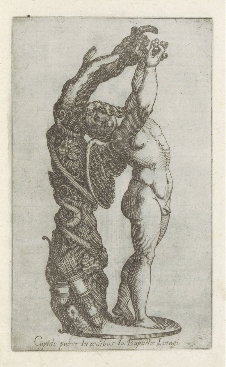 Sculptuur van Amor die druiven plukt Cupido puber w domu Io Baptista Lugari (tytuł na obiekcie) Rzeźby antyczne w Rzymie (tytuł serii) Ikony starożytnych posągów miasta Rzymu, które można zobaczyć w miejscach publicznych (tytuł serii) autorstwa Anonymous