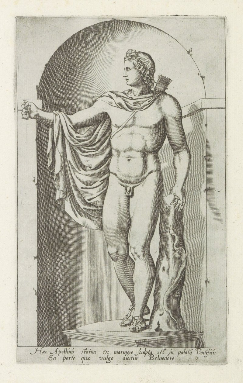 Rzeźba Apolla Apollo Belvedere Ten posąg Apollina został wyrzeźbiony z marmuru w pałacu papieskim (...) (tytuł na obiekcie) Rzeźby antyczne w Rzymie (tytuł serii) Ikony starożytnych posągów miasta Rzymu, które można zobaczyć w miejscach publicznych (seria  autorstwa Anonymous