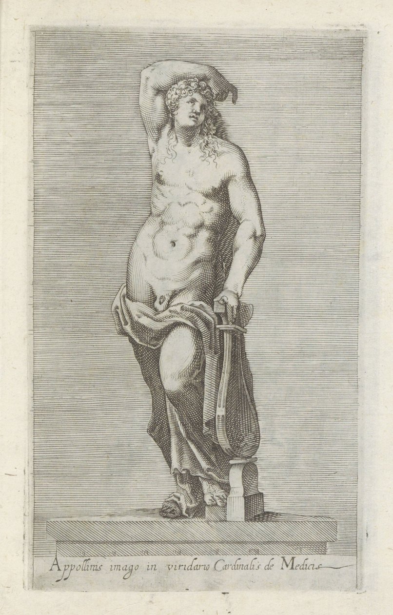 Rzeźba Apolla Wizerunek Apoloniusza w zielonym ogrodzie kardynała de Medici (tytuł na obiekcie) Rzeźby antyczne w Rzymie (tytuł serii) Ikony starożytnych posągów miasta Rzymu, które można zobaczyć w miejscach publicznych (tytuł serii) autorstwa Anonymous