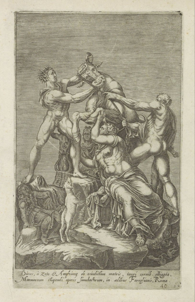 Sculptuur van Dirce die aan een stier wordt gebonden Farnese Stier Dirces, do Zeto i Amphiona za zemstę matki (...) (tytuł na obiekcie) Rzeźby antyczne w Rzymie (tytuł serii) Ikony starożytnych posągów miasta Rzymu, które można zobaczyć w miejscach publicz autorstwa Anonymous