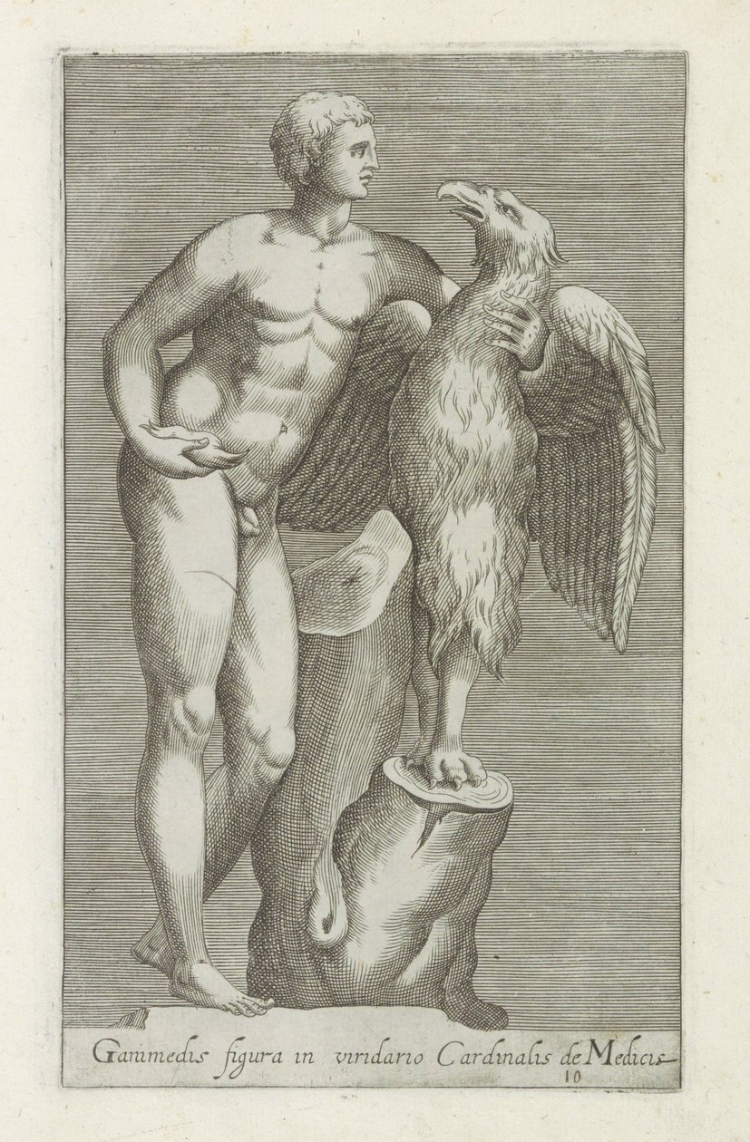 Rzeźba van Jupitera als adelaar spotkał Ganimedesa Figura Ganimedesa w zielonym ogrodzie kardynała Medyceusza (tytuł na obiekcie) Rzeźby antyczne w Rzymie (tytuł serii) Ikony starożytnych posągów miasta Rzymu, które można zobaczyć w miejscach publicznych ( autorstwa Anonymous