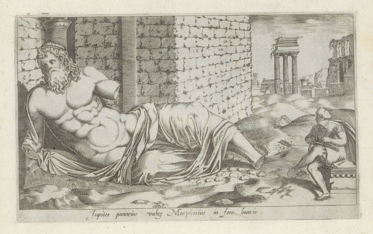 Rzeźba van Marforio Jupiter Panarius powszechnie znany jako Marphorius na rynku bydła (tytuł na obiekcie) Rzeźby antyczne w Rzymie (tytuł serii) Ikony starożytnych posągów miasta Rzymu, które można zobaczyć w miejscach publicznych (tytuł serii) autorstwa Anonymous