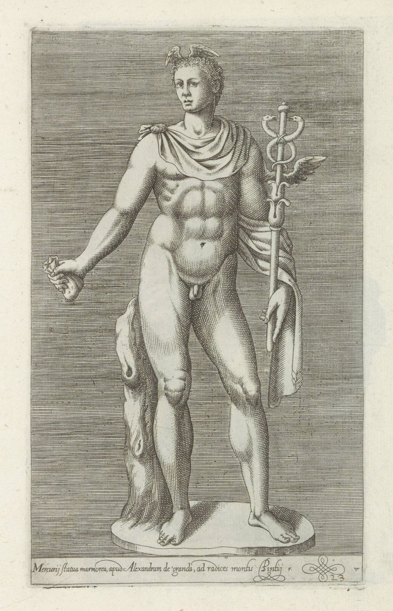 Rzeźba van Mercurius Marmurowy posąg Merkurego, u Aleksandra Wielkiego (...) (tytuł na obiekcie) Rzeźby antyczne w Rzymie (tytuł serii) Ikony starożytnych posągów miasta Rzymu, które można zobaczyć w miejscach publicznych (tytuł serii) autorstwa Anonymous