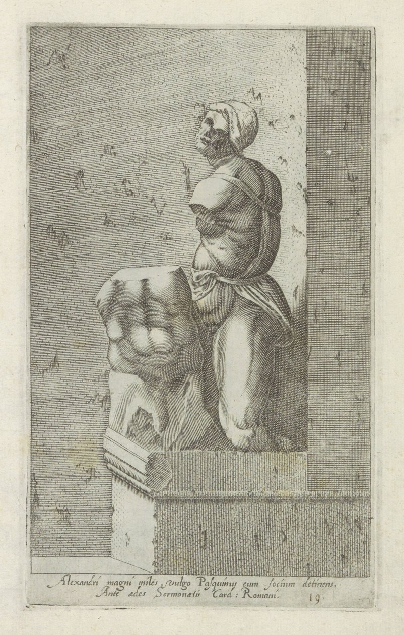 Rzeźba van Pasquino Żołnierz Aleksandra Wielkiego, potocznie zwany Pasquinus, trzymający Focjusza (...) (tytuł na obiekcie) Rzeźby antyczne w Rzymie (tytuł serii) Ikony starożytnych posągów miasta Rzymu, które można zobaczyć w miejscach publicznych (tytuł  autorstwa Anonymous
