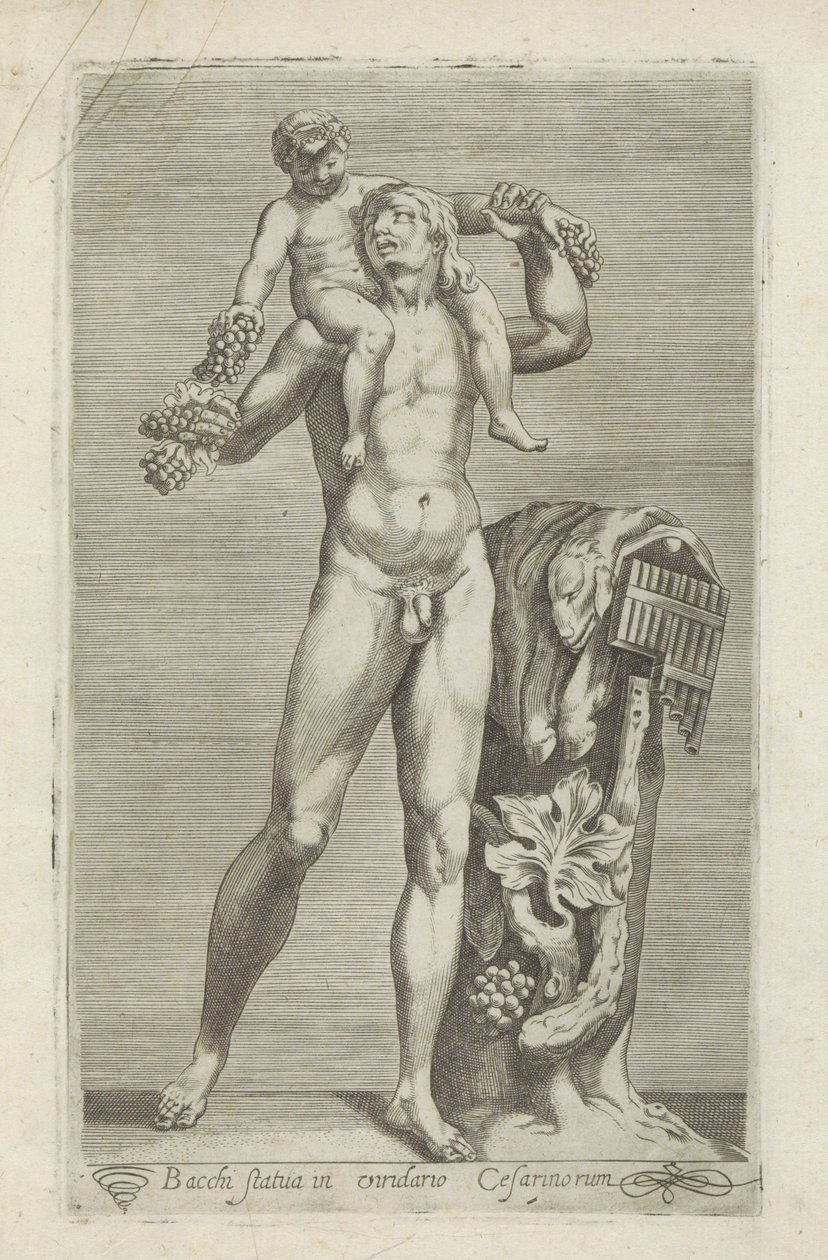 Sculptuur van Silenus met de jonge Bacchus op zijn schouders Posąg Bachusa w ogrodzie Cezarów (tytuł na obiekcie) Rzeźby antyczne w Rzymie (tytuł serii) Ikony starożytnych posągów miasta Rzymu, które można zobaczyć w miejscach publicznych (tytuł serii) autorstwa Anonymous