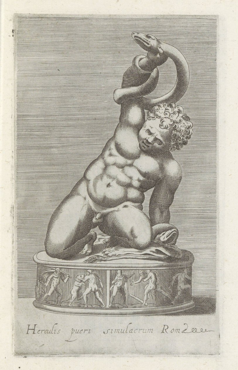 Sculptuur van de jonge Hercules w bitwie spotkał een slang Posąg Herkulesa dziecka Rzymu (tytuł na obiekcie) Rzeźby antyczne w Rzymie (tytuł serii) Ikony starożytnych posągów miasta Rzymu, które można zobaczyć w miejscach publicznych (tytuł serii) autorstwa Anonymous