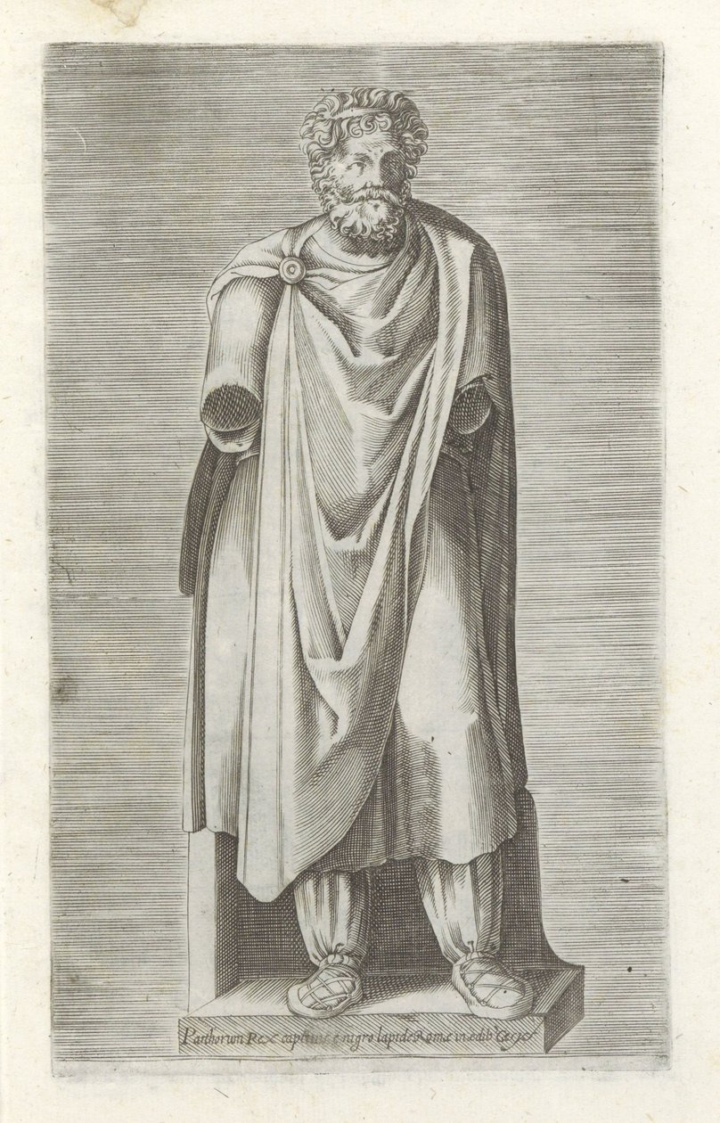 Sculptuur van een gegengen koning Pojmani króla Partorium z czarnego kamienia Rzymu w budynku Cesys (tytuł na obiekcie) Rzeźby antyczne w Rzymie (tytuł serii) Ikony starożytnych posągów miasta Rzymu, które można zobaczyć w miejscach publicznych (tytuł seri autorstwa Anonymous