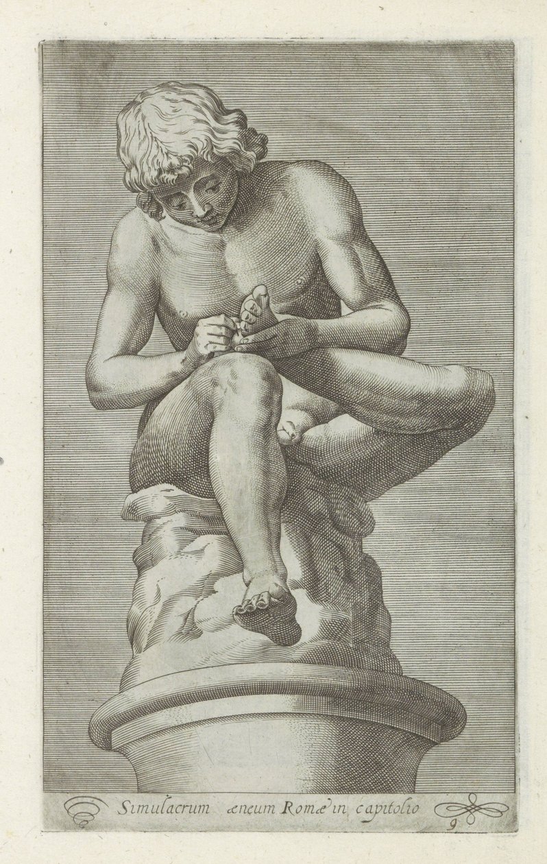 Sculptuur van een jongen met een doorn in de voet Rdzeń kręgowy Brązowe symulakrum Rzymu w stolicy (tytuł na obiekcie) Rzeźby antyczne w Rzymie (tytuł serii) Ikony starożytnych posągów miasta Rzymu, które można zobaczyć w miejscach publicznych (tytuł serii autorstwa Anonymous