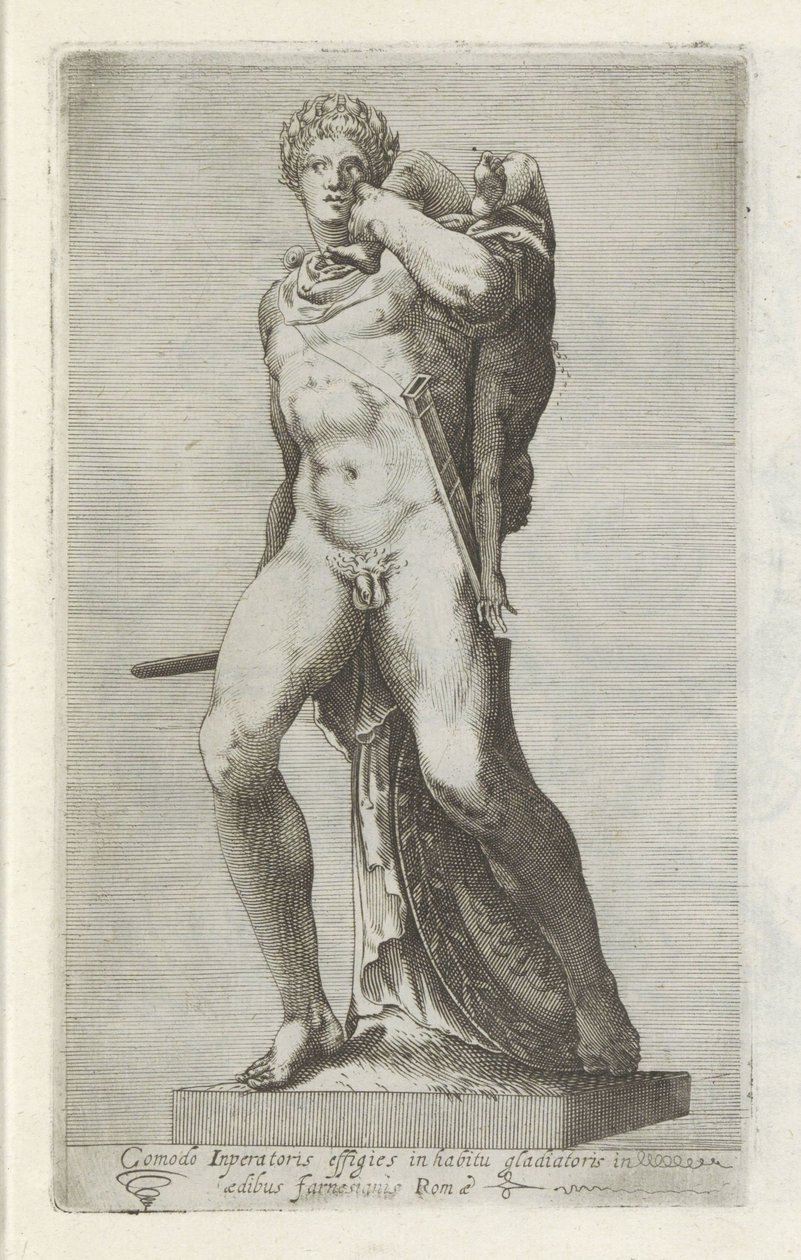 Rzeźba van keizera Commodus als gladiator Wygodny portret cesarza w stroju gladiatora (...) (tytuł na obiekcie) Rzeźby antyczne w Rzymie (tytuł serii) Ikony starożytnych posągów miasta Rzymu, które można zobaczyć w miejscach publicznych (tytuł serii) autorstwa Anonymous