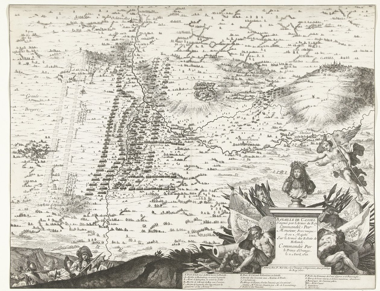 Żużel bij Kassel, 1677 Bitwa pod Cassel wygrana przez Armię Króla dowodzoną przez Jedynego Brata Jego Królewskiej Mości W Armii Posiadłości Holandii dowodzonej przez Księcia Orange 11 kwietnia 1677 (tytuł na obiekcie) autorstwa Anonymous