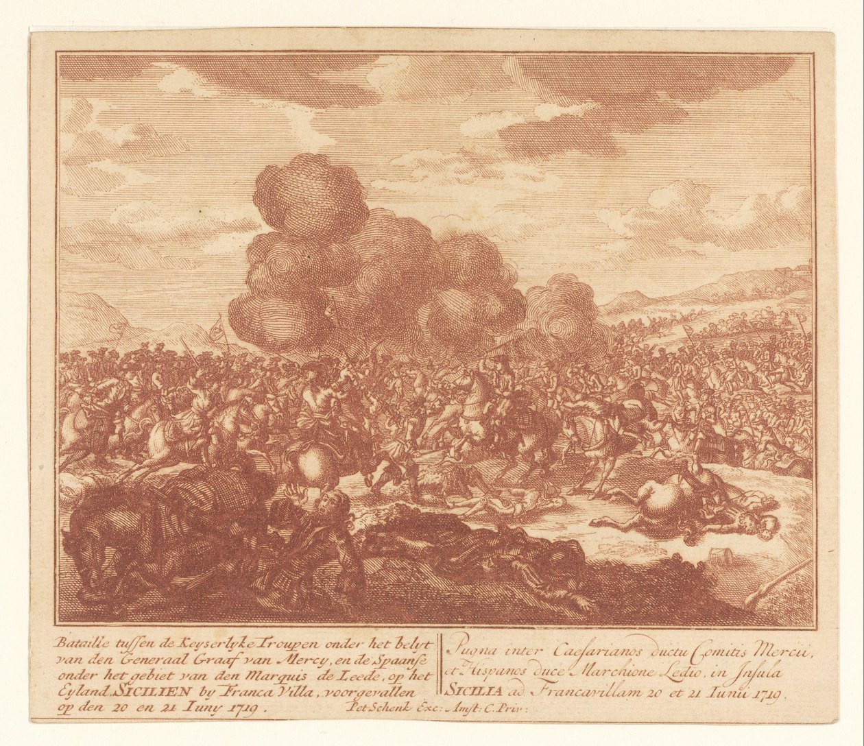 Bitwa między wojskami cesarskimi i hiszpańskimi na Sycylii, czerwiec 1719 Bataille pomiędzy Keyserlijke Troupen pod dowództwem generała Graafa van Mercy, a Hiszpanami pod wodzą markiza de Leede (...) (tytuł na obiekcie) autorstwa Anonymous