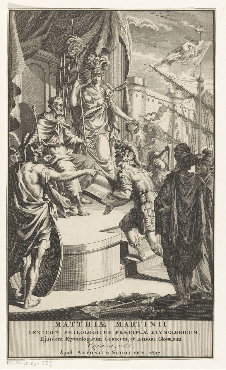 Żołnierz przedstawia królowi księgę Strona tytułowa dla: Matthias Martinius, Lexicon philologicum praecipuae etymologicum, 1697 autorstwa Anonymous