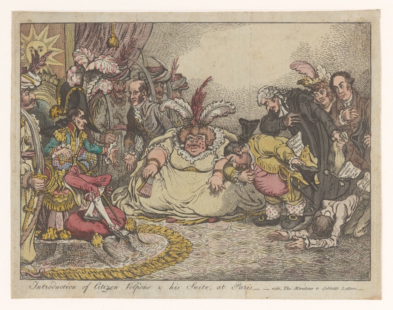 Spotprent spotkał Napoleona en Foxa, 1802 Wprowadzenie Citizen Volpone & his Suite w Paryżu - vide, The Moniteu & Cobbett