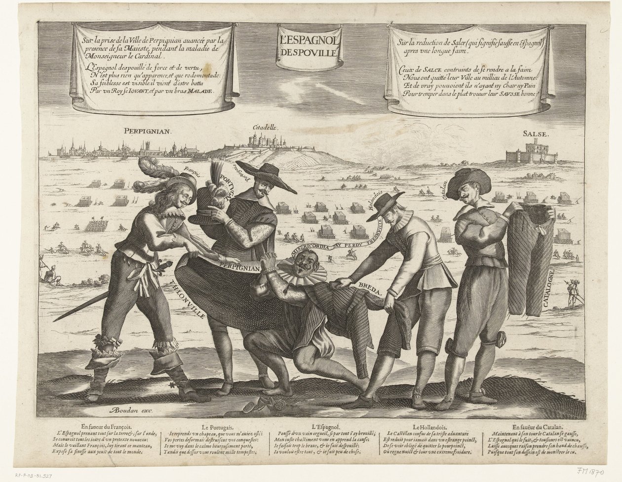 Karykatura Hiszpanów po utracie Bredy, Thionville, Perpignan, Portugalii i Katalonii, 1643 L