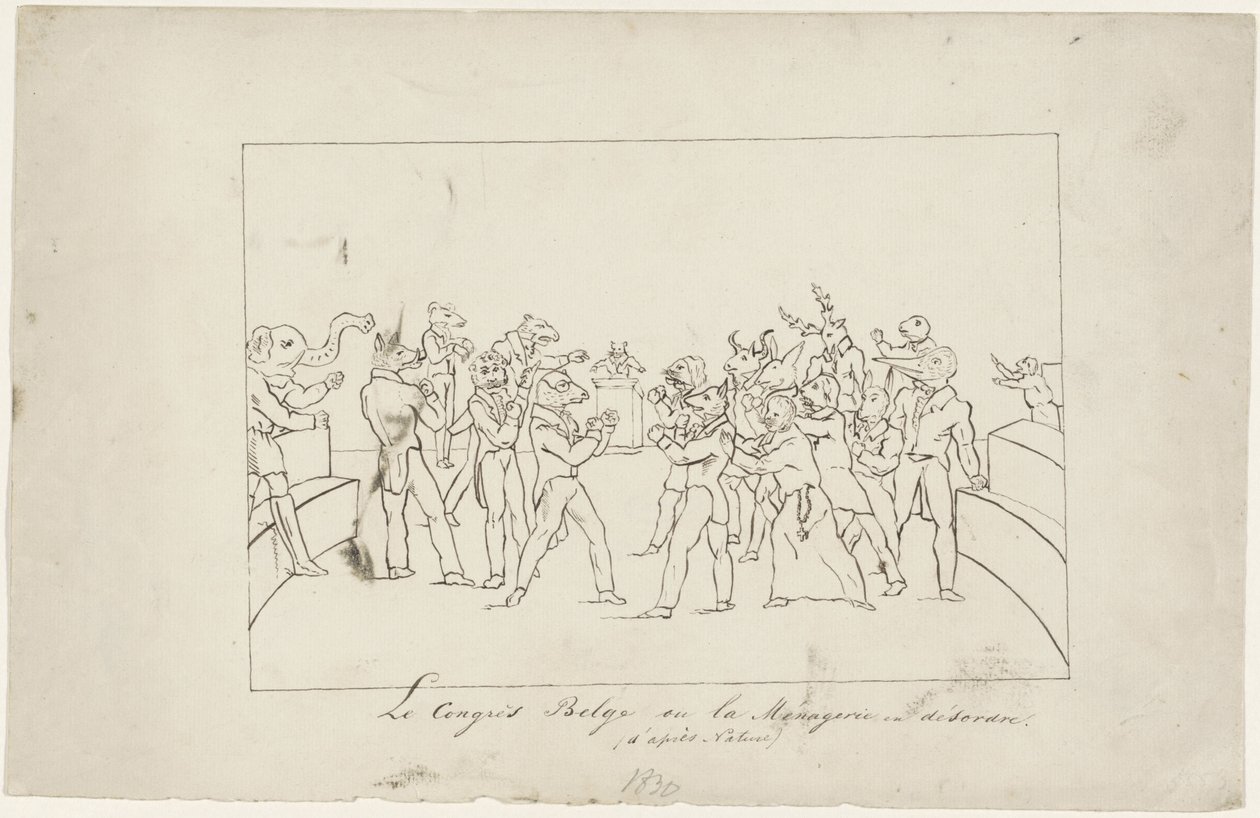 Karykatura przedstawiająca spór w Belgijskim Kongresie Narodowym w sprawie wyboru króla, 1831 Le Congress Belge ou la Menagerie en désordre. (d