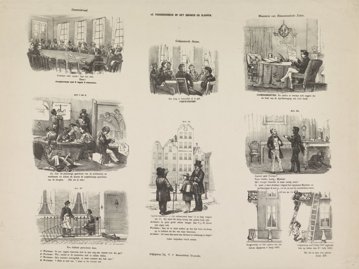 Karykatura rozporządzenia w Utrechcie w sprawie budowy i rozbiórki, 1857 Regulamin budowy i rozbiórki (tytuł na obiekcie) autorstwa Anonymous