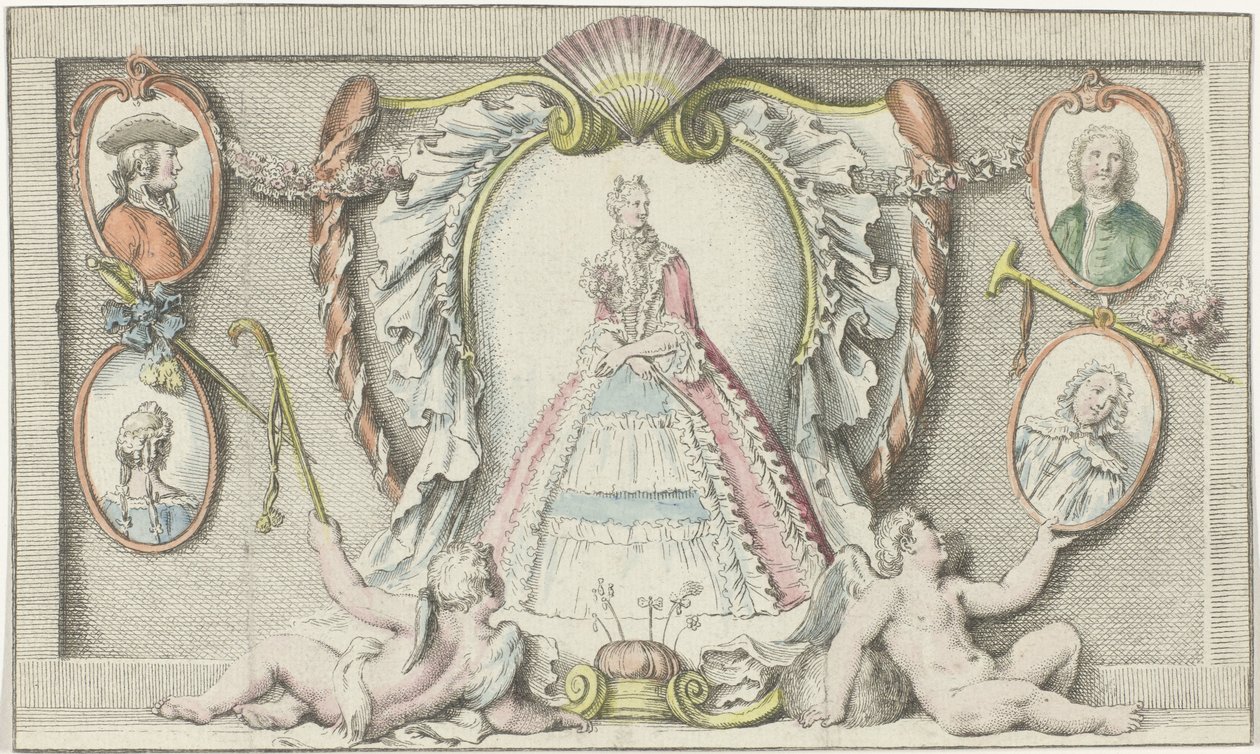Stojąca kobieta, dwa putta i cztery medaliony Mody 1730 Mercure de France (tytuł serii) autorstwa Anonymous