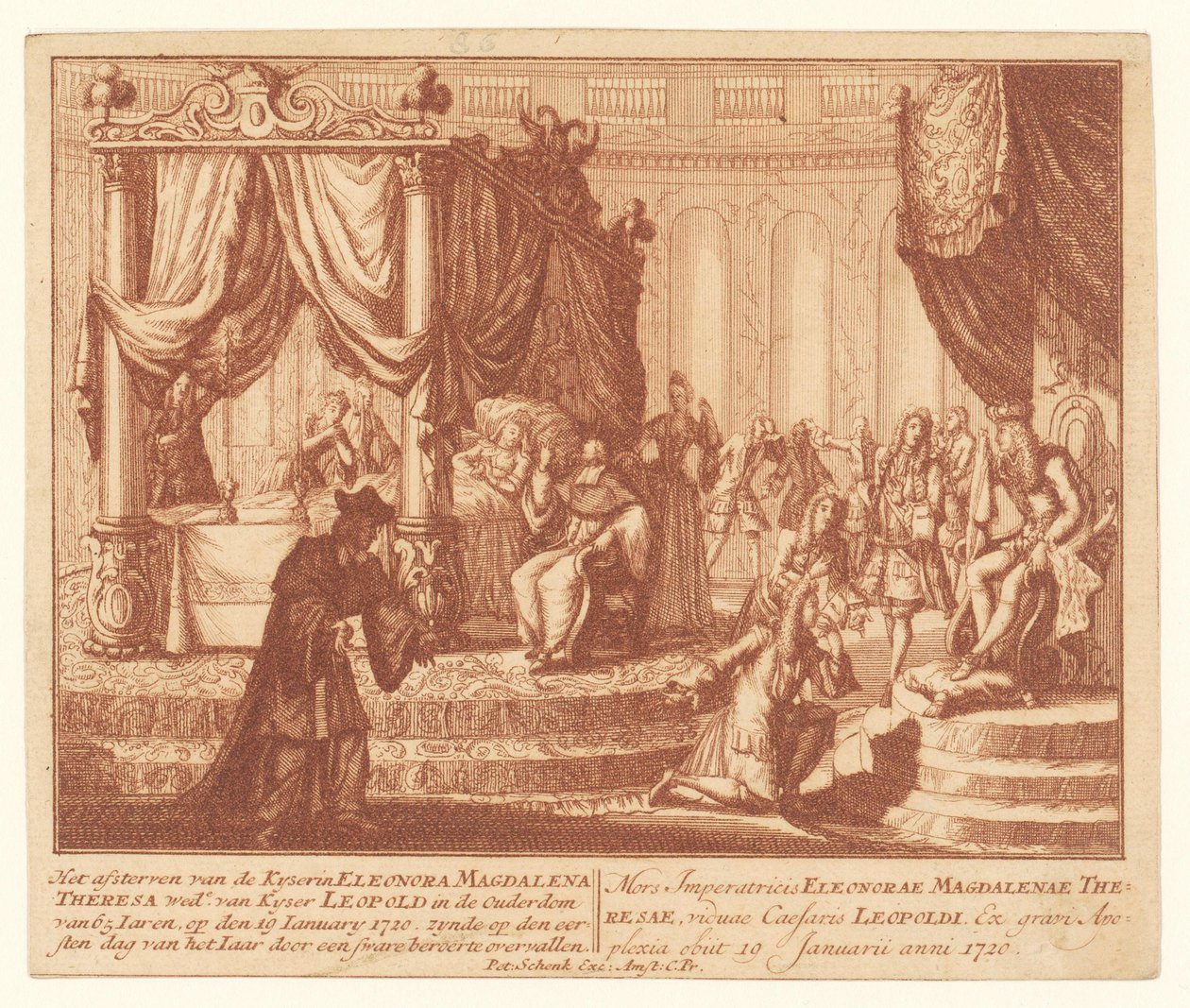 Łoże śmierci cesarzowej Eleonory Palatynatu-Neuburg, 19 stycznia 1720 Umieranie Kyserin Eleonora Magdalena Teresa Woad. Kysera Leopolda w wieku 65 lat Iaren (...) (tytuł na obiekcie) autorstwa Anonymous