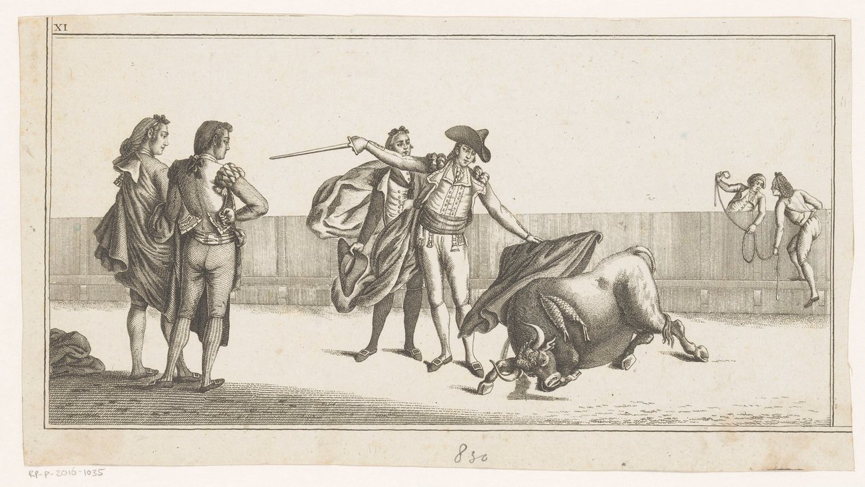 Byk ukąszony przez matadora Coleccion de las principales suertes de una corrida de toros (tytuł serii na obiekcie) Zbiór najważniejszych manewrów walki byków (tytuł serii) autorstwa Anonymous