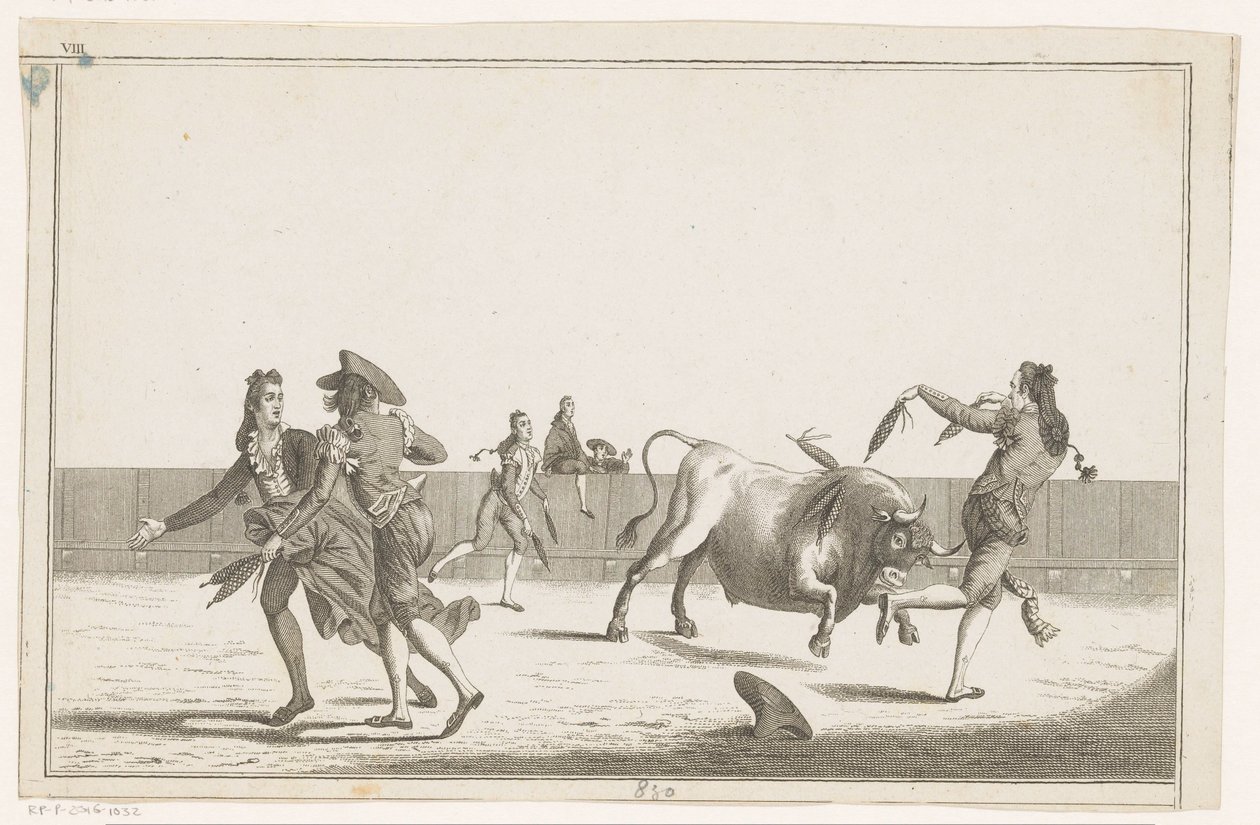 Byk zostaje wyzwany na banderille Coleccion de las principales suertes de una corrida de toros (tytuł serii na obiekcie) Zbiór najważniejszych manewrów walki byków (tytuł serii) autorstwa Anonymous