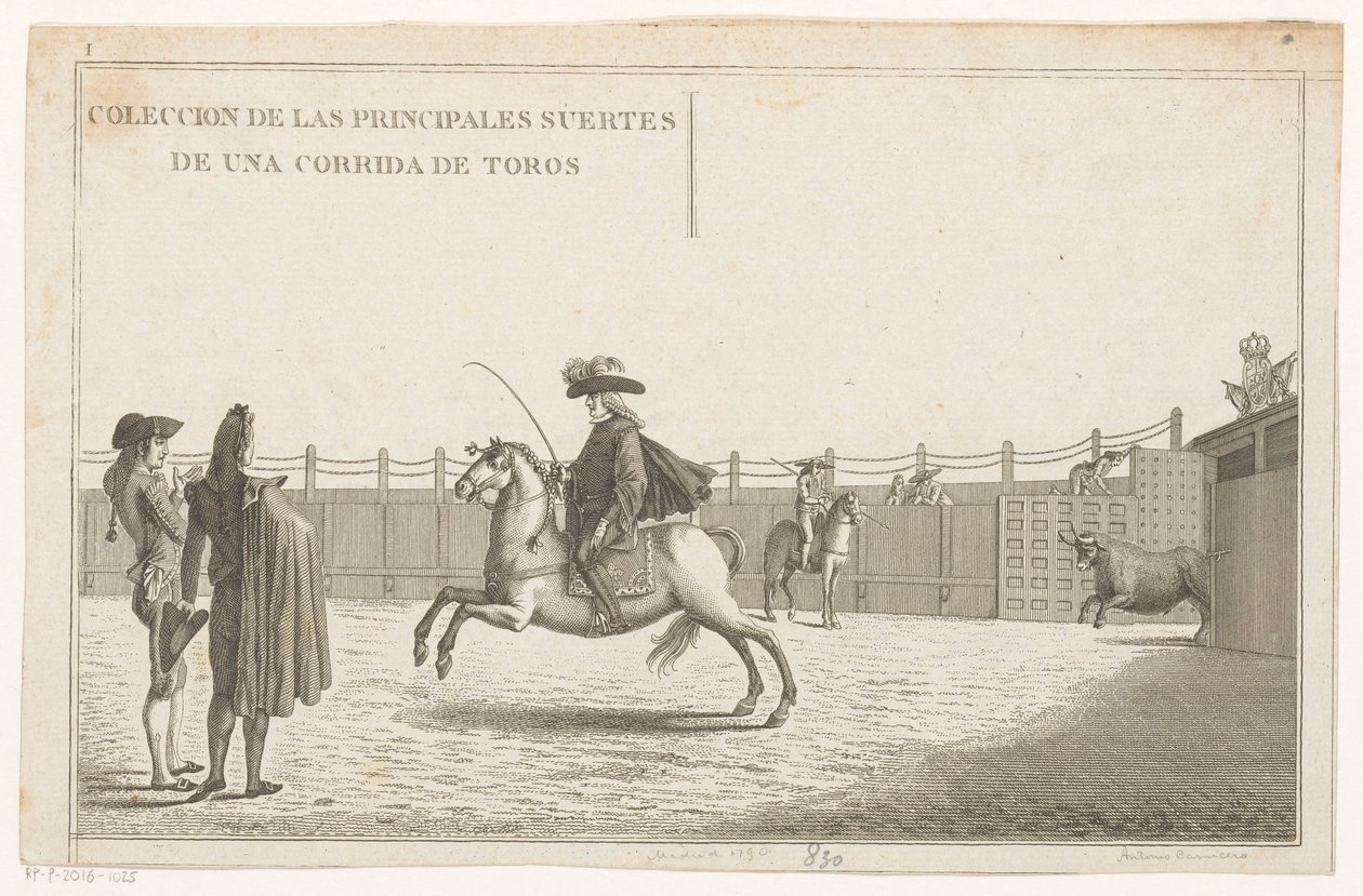 Torreadory na arenie Coleccion de las principales suertes de una corrida de toros (tytuł serii na obiekcie) Zbiór najważniejszych manewrów walki byków (tytuł serii) autorstwa Anonymous