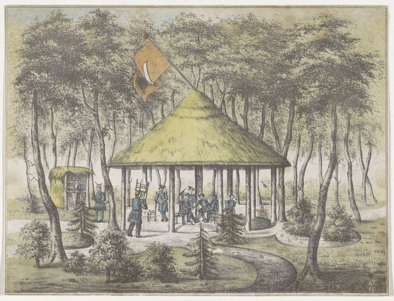 Świątynia i ogród w Boekel, 1831 Widok świątyni i ogrodu w Boekel. Wzniesiony i zbudowany przez milicję dyżurną miasta Groningen. W uznaniu życzliwego powitania w dniu 23 czerwca 1831 r. Członkom Towarzystwa na pamiątkę autorstwa Anonymous