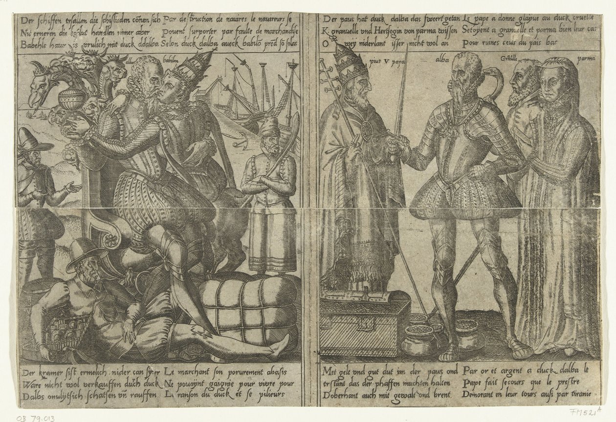 Podczas gdy Alva kocha się z nierządnicą Babilonu, gospodarka kraju upada / Margaret z Parmy, Granvelle i papież wspierają misję Alvy, ok. 1567-1572 Misja Alvy w Holandii i konsekwencje jego tyranii (kopie), 1572 (seria autorstwa Anonymous