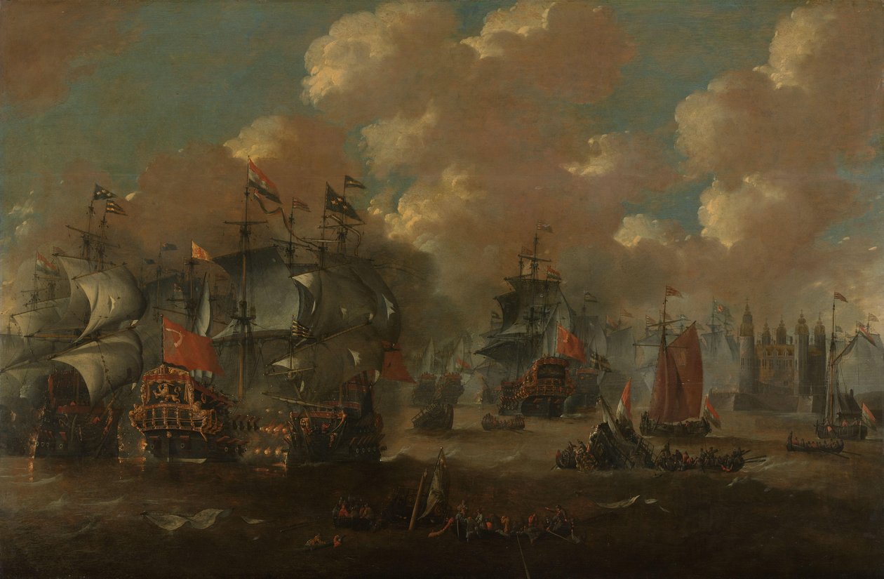 Bitwa o Dźwięk z Eendracht biorąca udział w dwóch szwedzkich okrętach wojennych, 1658 autorstwa Anonymous