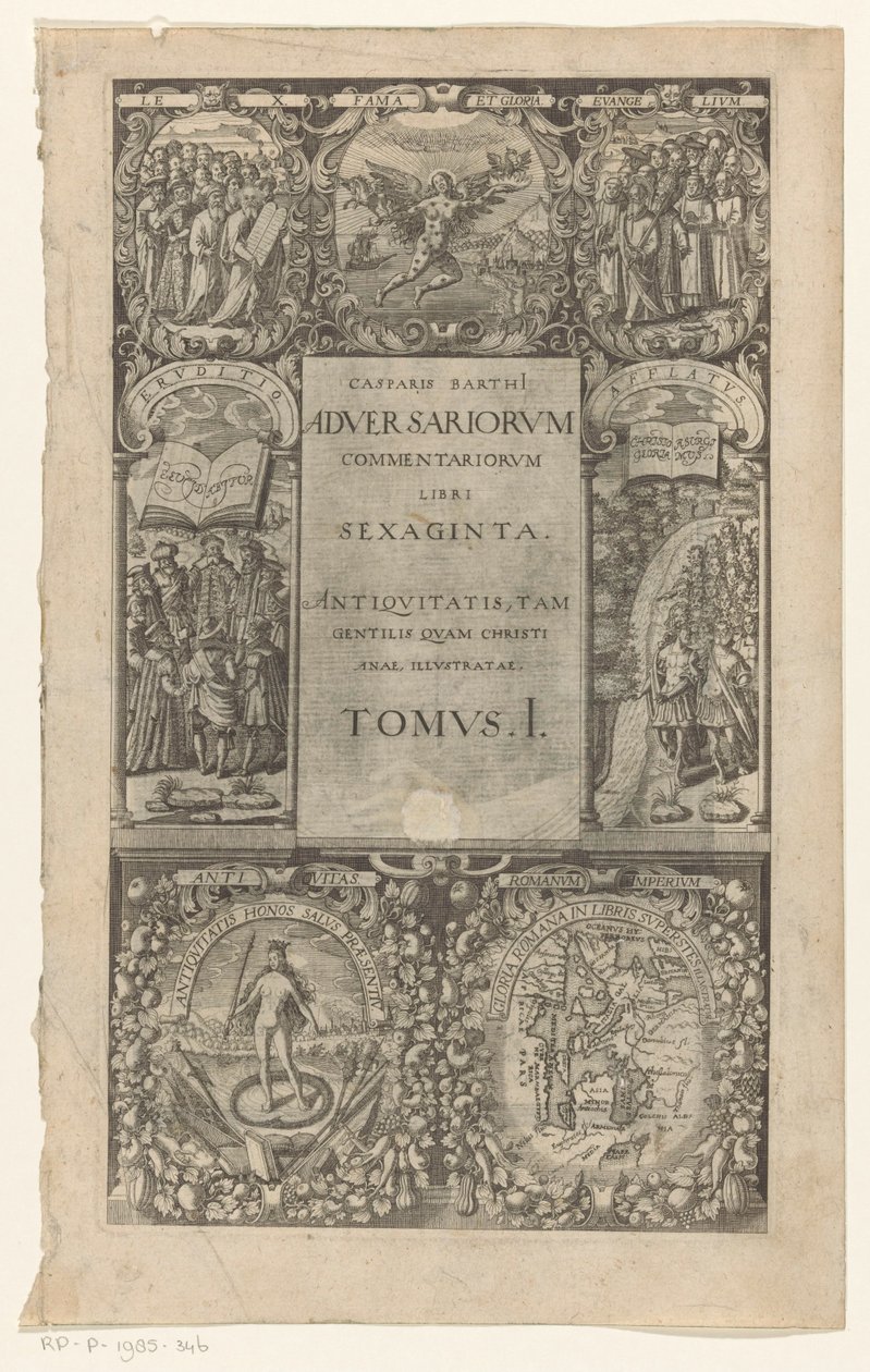 Tytuł spotkał się z kartuszami rondom zeven Komentarze przeciwników, sześćdziesiąt książek, tom I (tytuł o przedmiocie) Tytuł strony voor: Caspar von Barth, Adversariorum commentariorum libri LX, 1624 autorstwa Anonymous