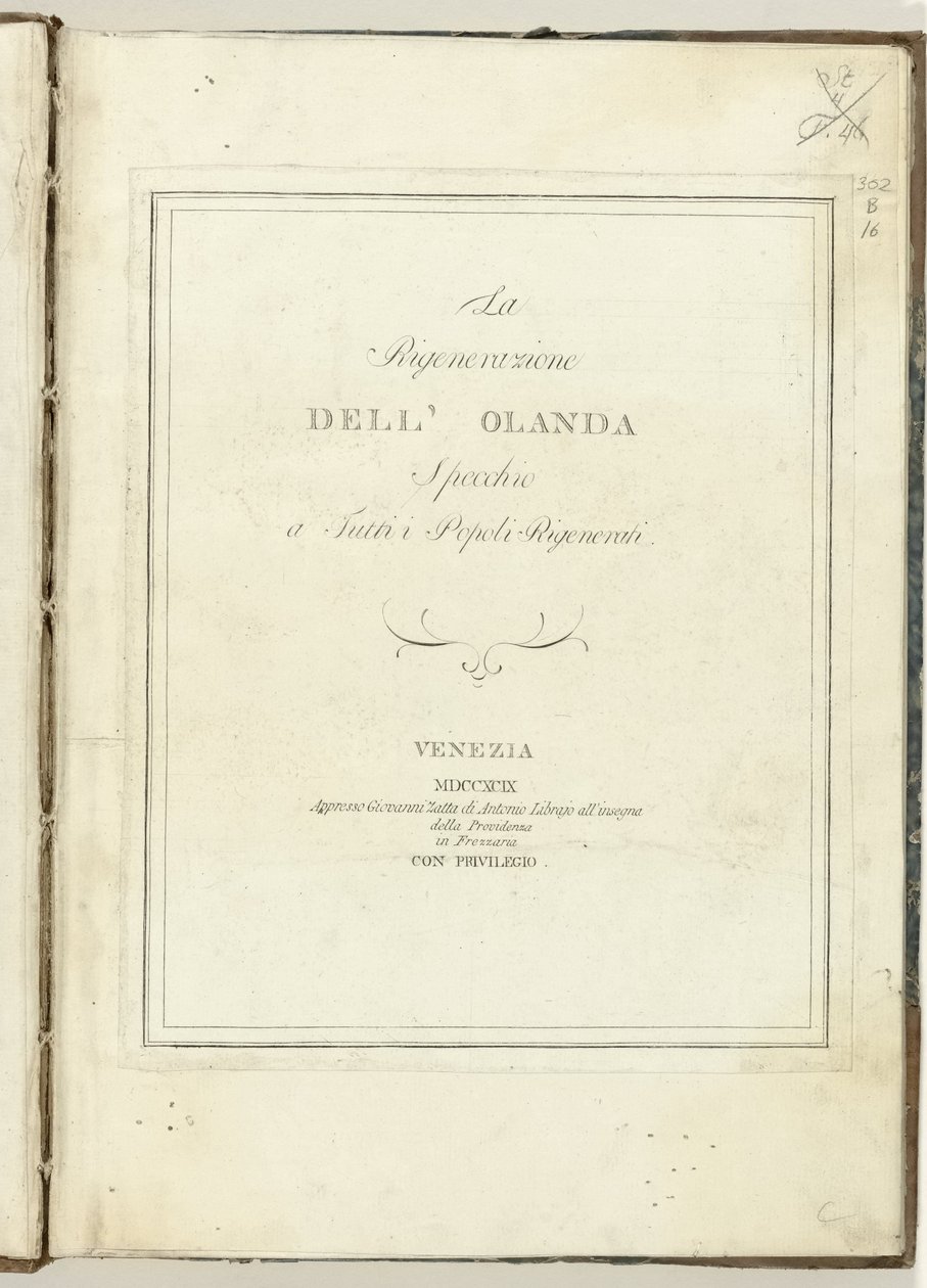 Tytuł strony voor: Odrodzenie Holandii, 1799 Odrodzenie Holandii: lustro do wszystkich odrodzonych narodów (tytuł na obiekcie) Hollandia Regenerata (włoska kopie) (tytuł serii) autorstwa Anonymous