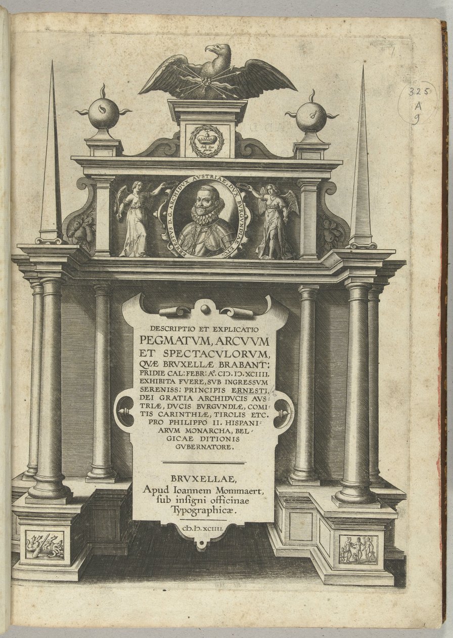 Druk tytułowy opisu wpisu arcyksięcia Ernsta jako gubernatora Niderlandów w Brukseli, 1594 autorstwa Anonymous