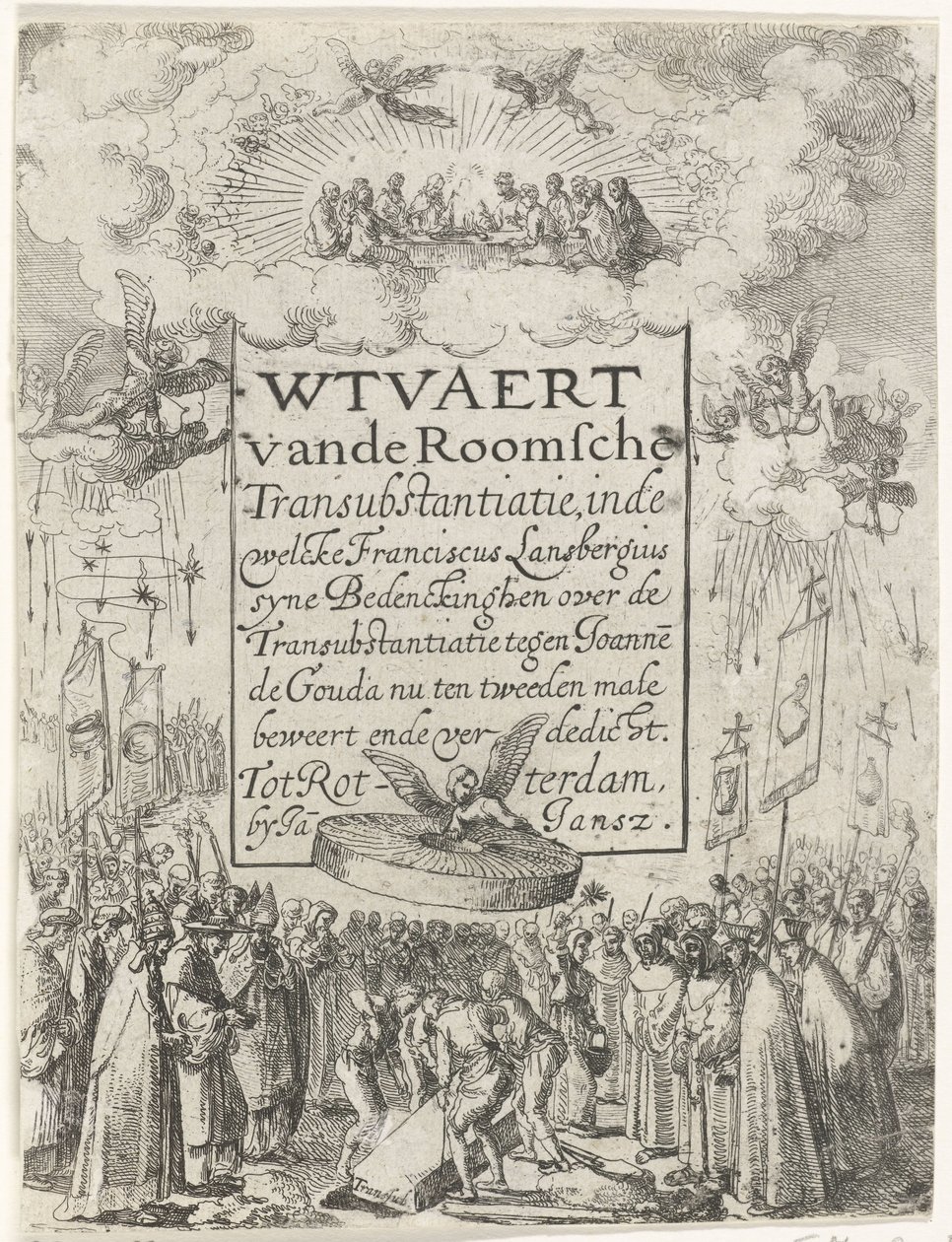 Druk tytułowy do broszury Wtvaert vande Roman Transsubstantiatie, 1612 Wtvaert vande Roman Transsubstantiation, w welcke Franciscus Lansbergius syne Bedenckinghen o Transsubstancjacji przeciwko Joannesowi de Gouda stwierdza teraz po raz drugi ende v autorstwa Anonymous