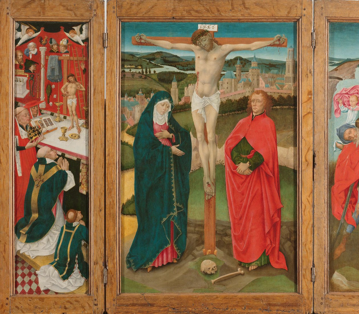 Tryptyk z Ukrzyżowaniem Tryptyk z Ukrzyżowaniem (panel centralny), Mszą św. Grzegorza (lewe skrzydło wewnętrzne), św. Krzysztofa (skrzydło wewnętrzne) i Zwiastowaniem Maryi (skrzydła zewnętrzne) autorstwa Anonymous