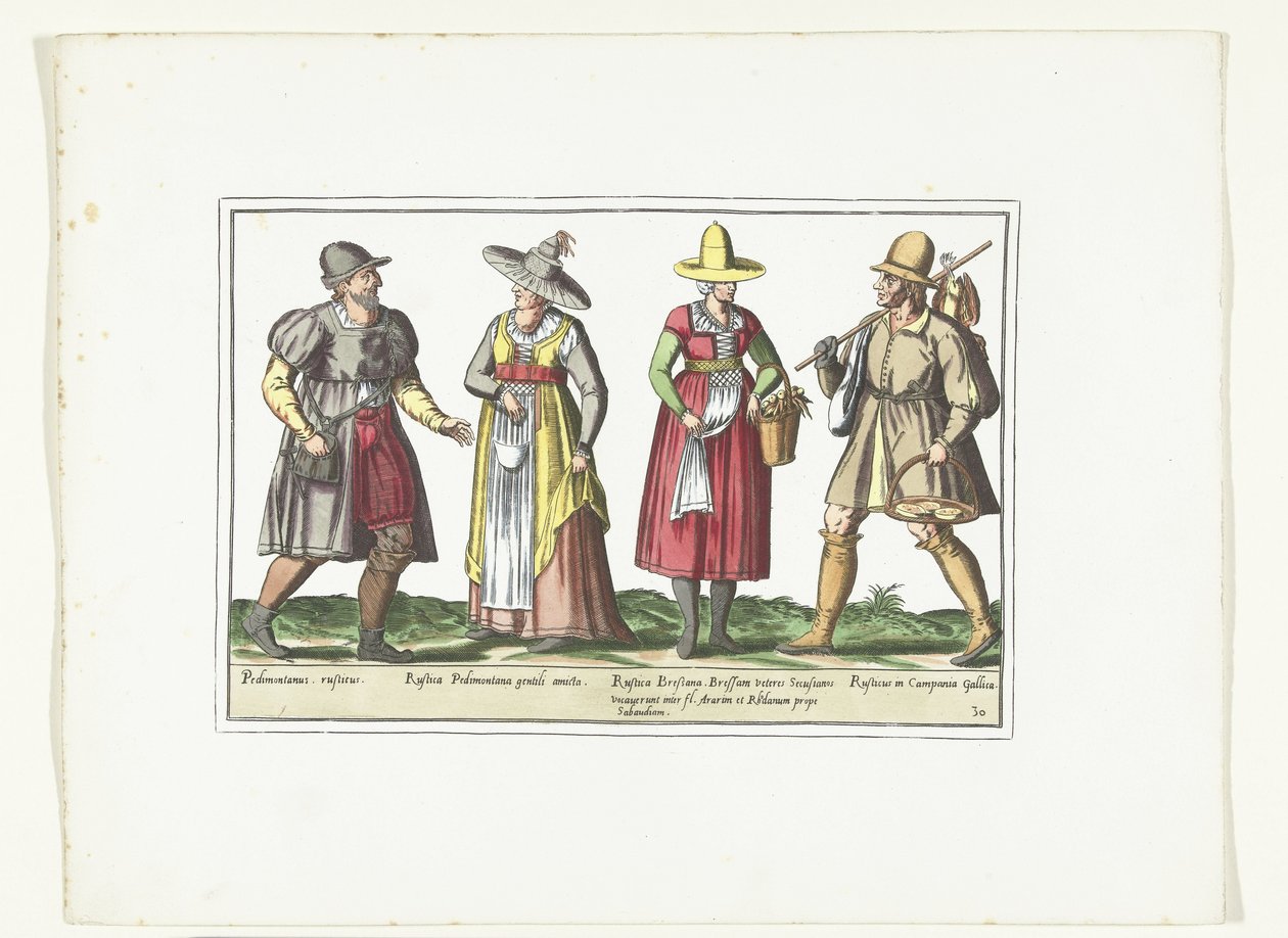 Dwóch chłopów i dwie chłopki ubrane we włoską modę, ok. 1580 Kostiumy Włochów (tytuł na obiekcie) autorstwa Anonymous
