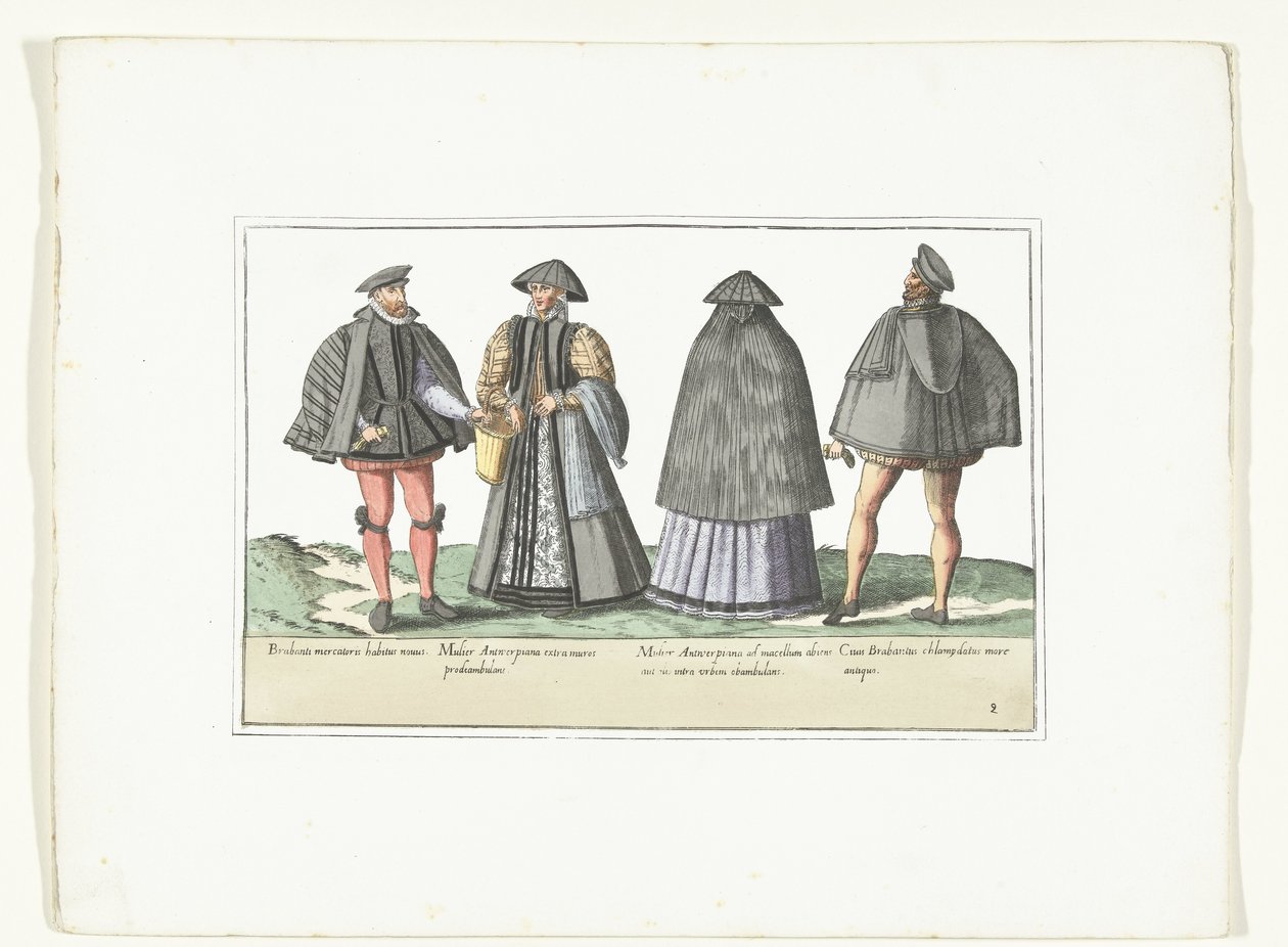 Dwóch mężczyzn i dwie kobiety ubranych zgodnie z modą w Antwerpii i Brabancji, ok. 1580 Kostiumy cywilne des Pays-Bas (tytuł na przedmiocie) autorstwa Anonymous