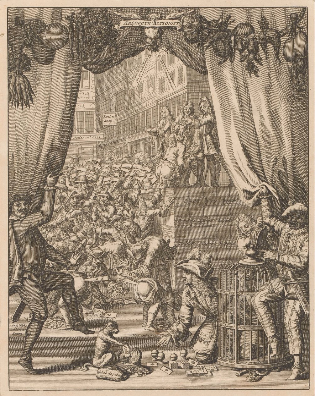 Wyjaśnienie płyty Arlekin Akcjonista, 1720 Akcjonista Arlequyn (tytuł na obiekcie) Wyjaśnienie Tytelplaat, dla akcjonistów Arlequyn (tytuł na obiekcie) Wielka scena szaleństwa (tytuł serii) autorstwa Anonymous
