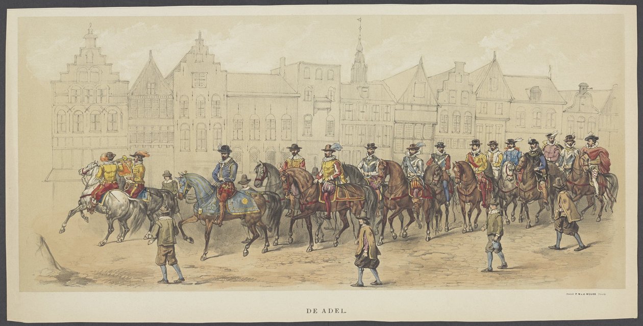 Maskarada Utrechcka, tablica a: szlachecka, 1856 Szlachta. (tytuł na obiekcie) Założyciele holenderskiej wolności (czas Wilhelma I) przedstawione przez H.H. członkowie korpusu studenckiego Utrechtu, z okazji 220. rocznicy Utrechtsche Hooge autorstwa Anonymous