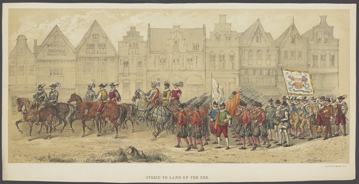 Maskarada w Utrechcie, płyta b: bitwa na lądzie i morzu, 1856 Bitwa na lądzie i morzu (tytuł na obiekcie) Założyciele holenderskiej wolności (czas Wilhelma I) przedstawione przez H.H. członkowie korpusu studenckiego Utrechtu, z okazji 220 autorstwa Anonymous