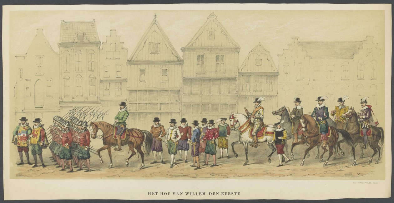Maskarada Utrechcka, tablica d: dwór, 1856 Sąd Wilhelma Pierwszego (tytuł na przedmiocie) Założyciele holenderskiej wolności (czas Wilhelma I) przedstawione przez H.H. członkowie korpusu studenckiego Utrechtu, z okazji 220-lecia autorstwa Anonymous