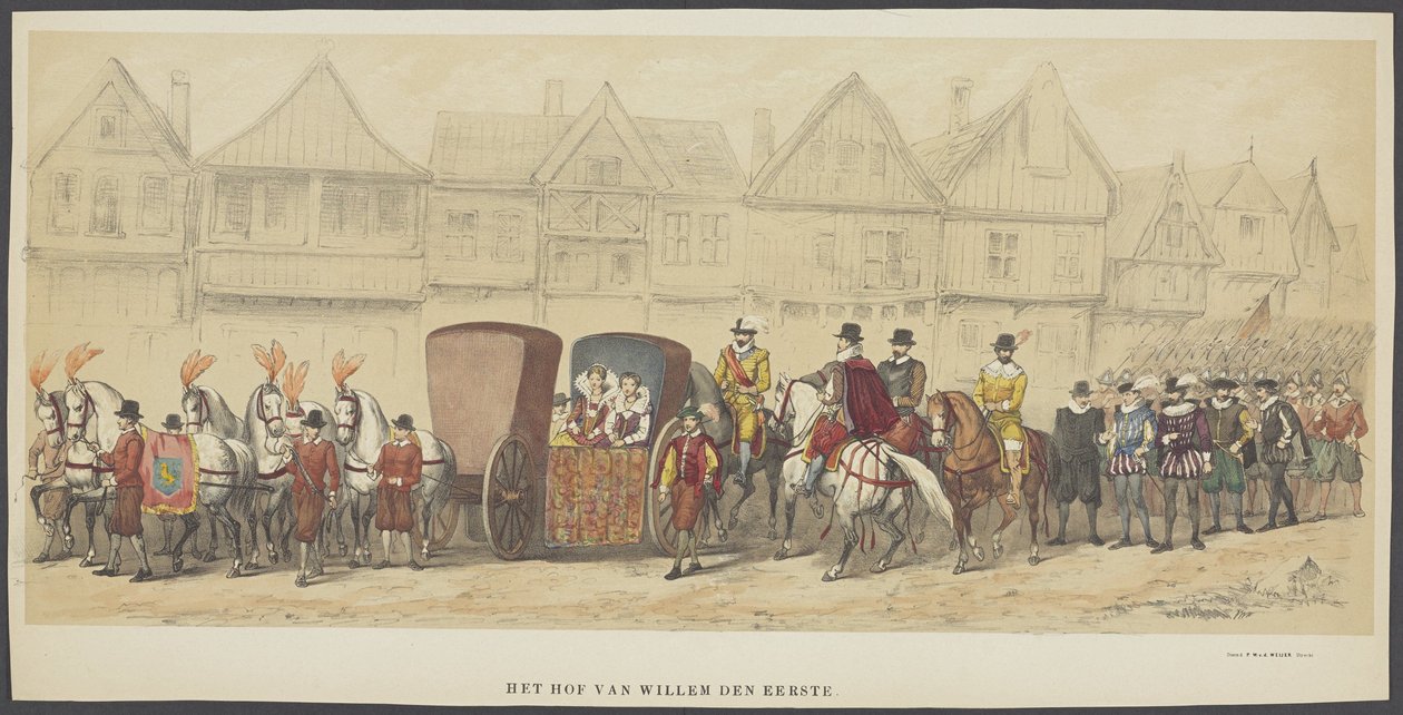 Maskarada Utrechcka, tablica e: dwór, 1856 Sąd Wilhelma Pierwszego (tytuł na przedmiocie) Założyciele holenderskiej wolności (czas Wilhelma I) przedstawione przez H.H. członkowie korpusu studenckiego Utrechtu, z okazji 220-lecia autorstwa Anonymous