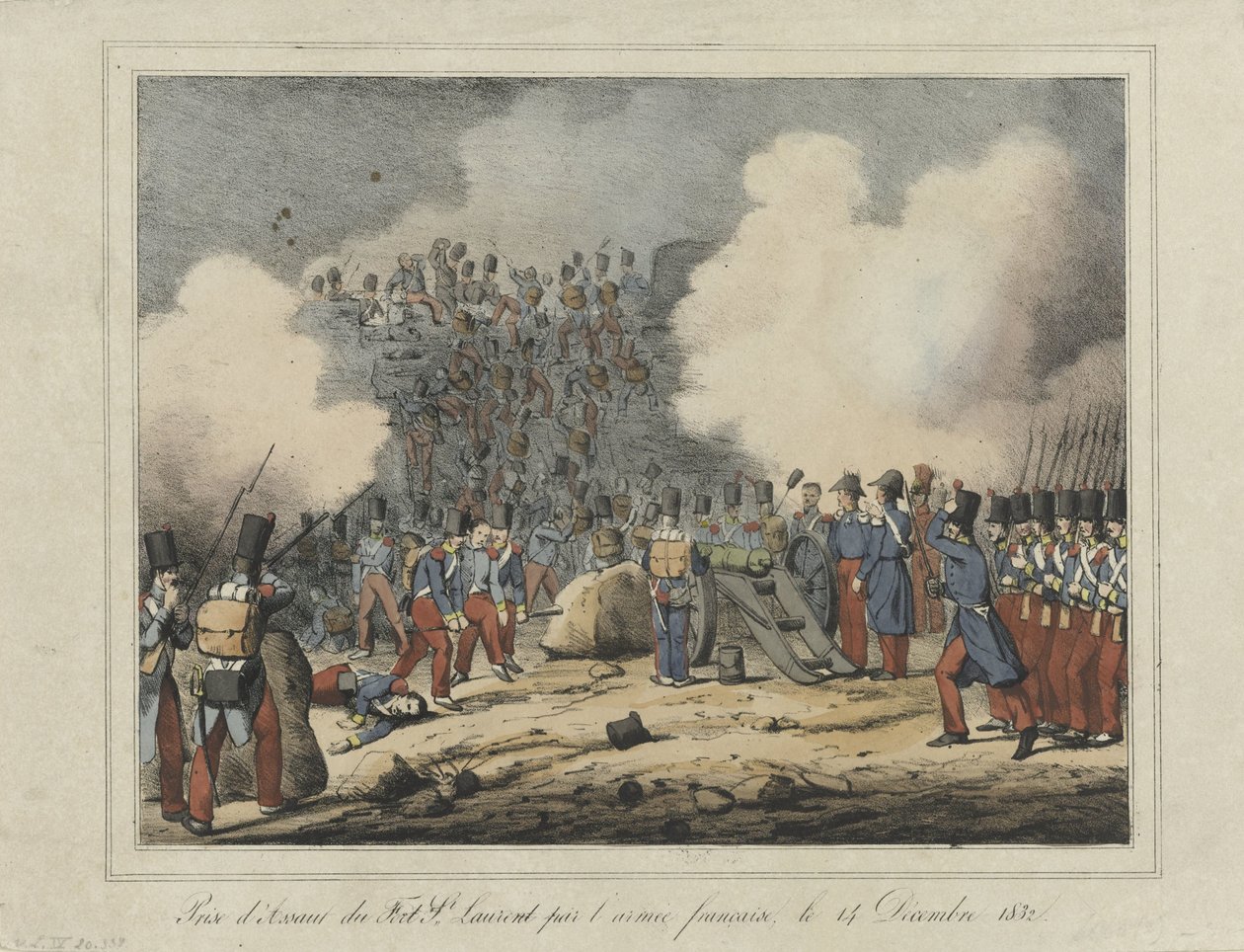 Verovering van de Lunet van Saint-Laurent, 1832 Szturm na Fort St. Laurent przez wojska francuskie, 14 grudnia 1832 (tytuł na obiekcie) autorstwa Anonymous