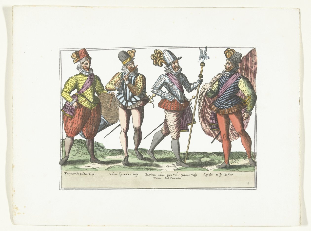Czterech żołnierzy hiszpańskich w mundurach, ok. 1580 Kostiumy wojskowe Espagnols (tytuł na obiekcie) autorstwa Anonymous
